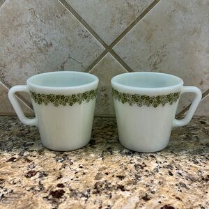 Pair of two Vintage Pyrex White Milk Glass Green Crazy Daisy Spring Blossom Mug
